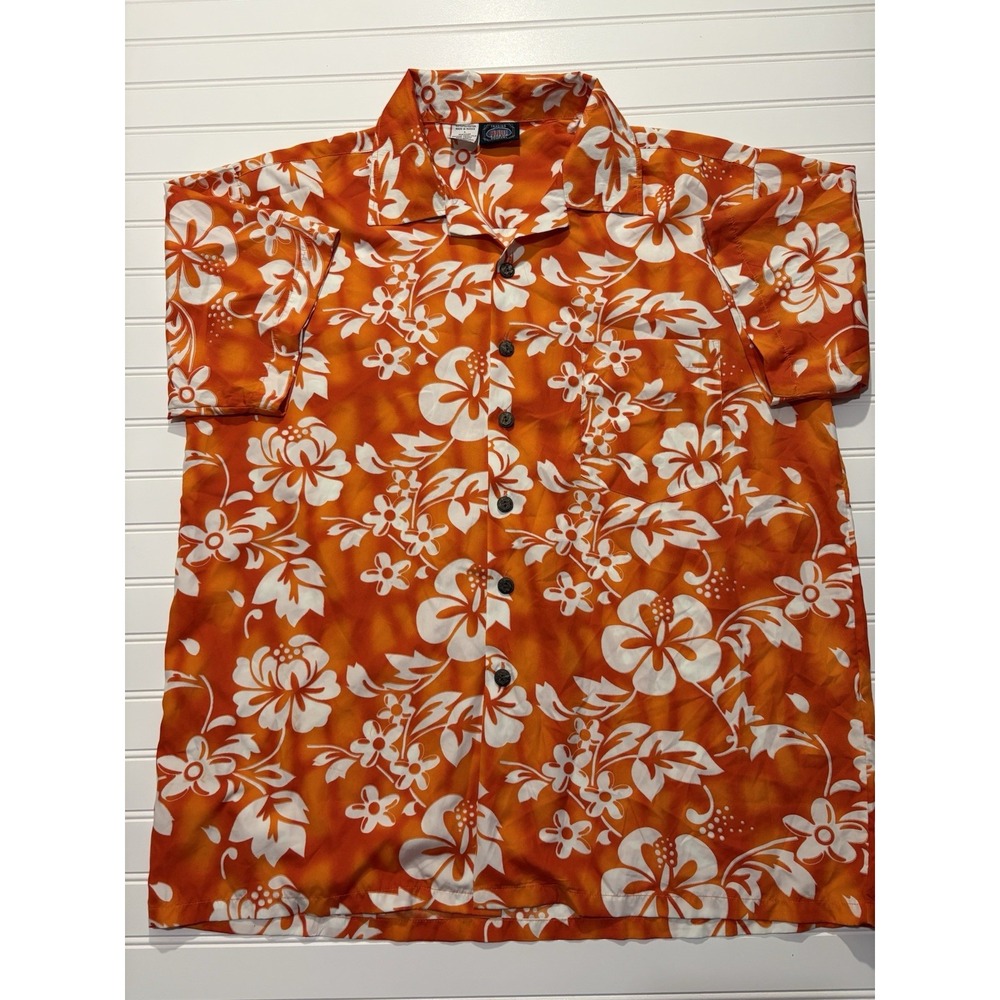 Maui Trading Company Hawaiian Shirt Mens L Orange Hibiscus Floral Camp Aloha